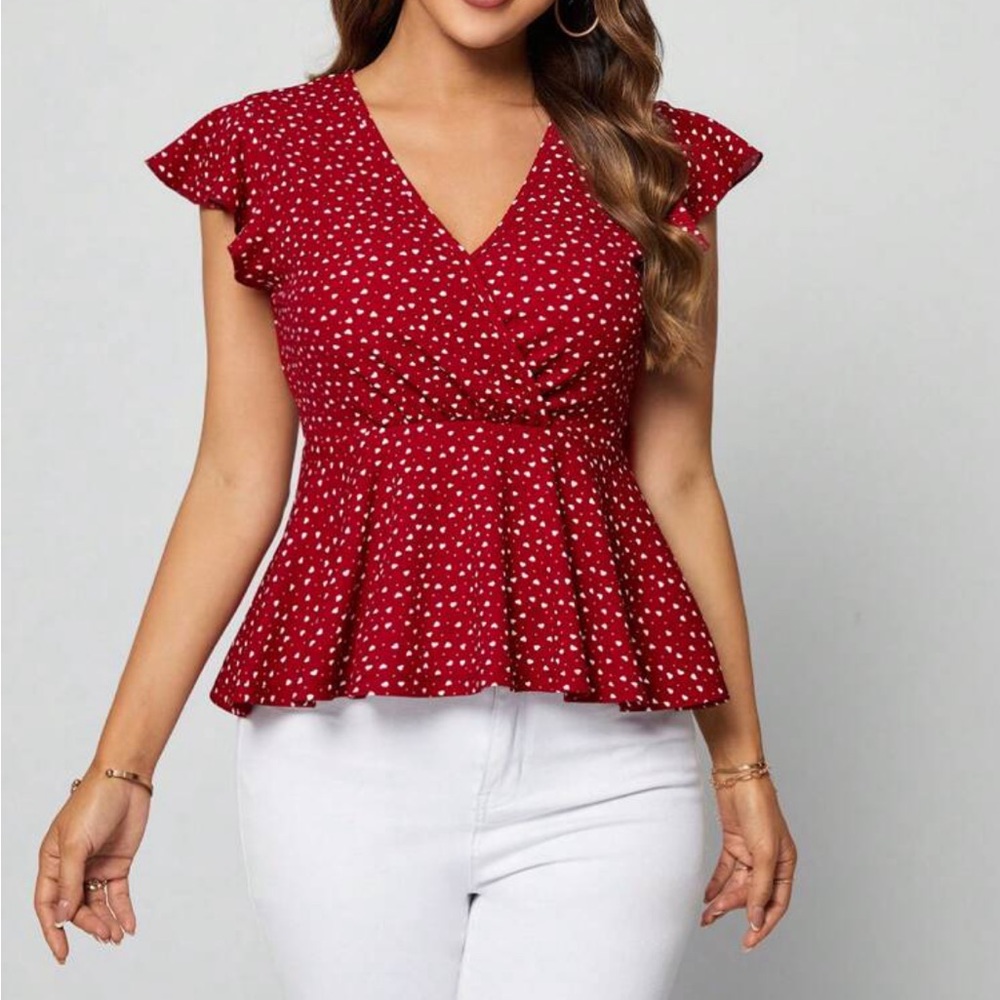 Red Heart Print Plunge V Neck Top Blouse Shirt - Picture 3 of 6